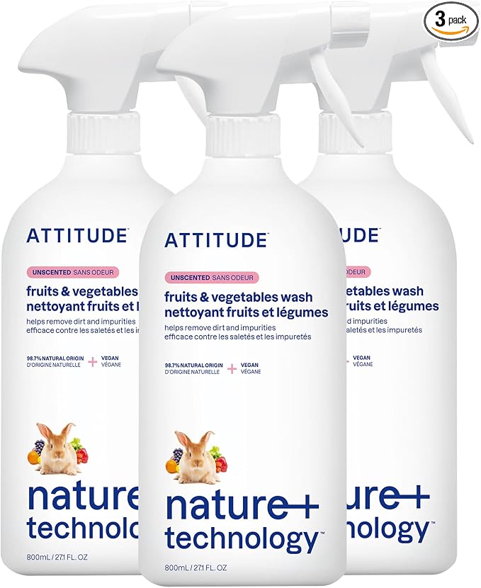 ATTITUDE Fruit & Vegetable Wash, Unscented Food-Safe Produce Wash to Remove Dirt, Wax & Residue, Vegan Plant-Based Produce Cleaner, 27.1 Fl Oz (Pack of 3)