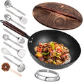 Leidawn 12.8" Carbon Steel Wok,11 Pcs Woks & Stir Fry Pans Wok Pan with Lid | Pre-Seasoned No Chemical Coated Chinese Pan with 10 Cookware Accessories, Flat Bottom Woks for Electric, Induction,Gas Stoves