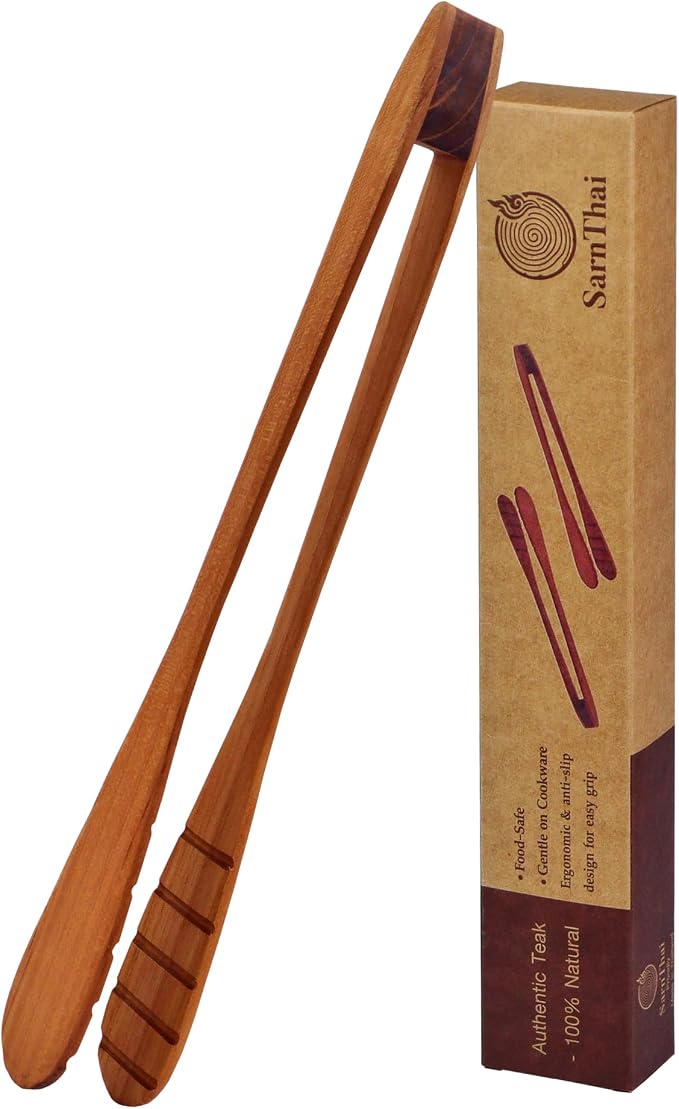 SarnThai Wood Tongs for Cooking, 12 Inch Handcrafted Teak Wood Toaster Tongs for Bread, BBQ, Meat, Salad, Pasta, Kitchen Serving