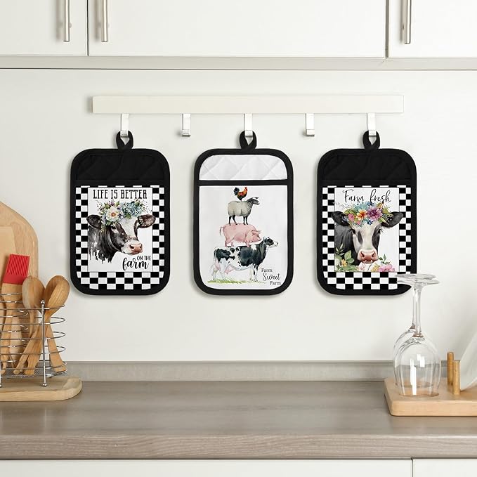 8 Pcs Pot Holders with Pocket Farmhouse Kitchen Decoration Farm Animal Cute Heat Resistant Potholders Hot Pad Oven Mitts Cookie Bag Oven Gloves for Kitchen Decorations Baking Cooking Gifts