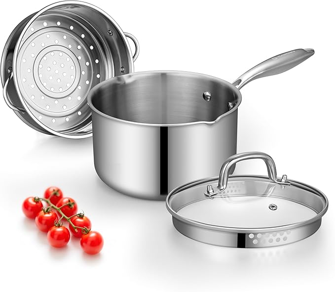 Tri-Ply Stainless Steel Pot with Steamer, 2.5 QT Fullclad Sauce Pan with Steamer & Strainer Glass Lid for Cooking Vegetable,Small Induction Pot with Stay-Cool Handle,100% Food-Grade,Built to Last