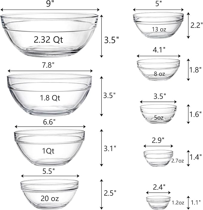 Lawei Set of 9 Glass Mixing Bowls - Glass Nesting Bowls Prep Bowl Clear Salad Bowls for Kitchen Prep Salad, Cereal, Ice Cream, Pasta, Fruits