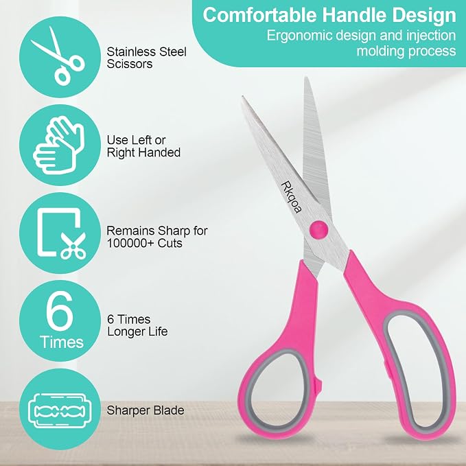 Scissors, 6 Pack 8" All Purpose Comfort-Grip Sharp Shears for Everyday Use | Stainless Steel Scissor for Office School Classroom Craft Sewing Art Supplies, High/Middle Student Teacher, Right/Left Handle