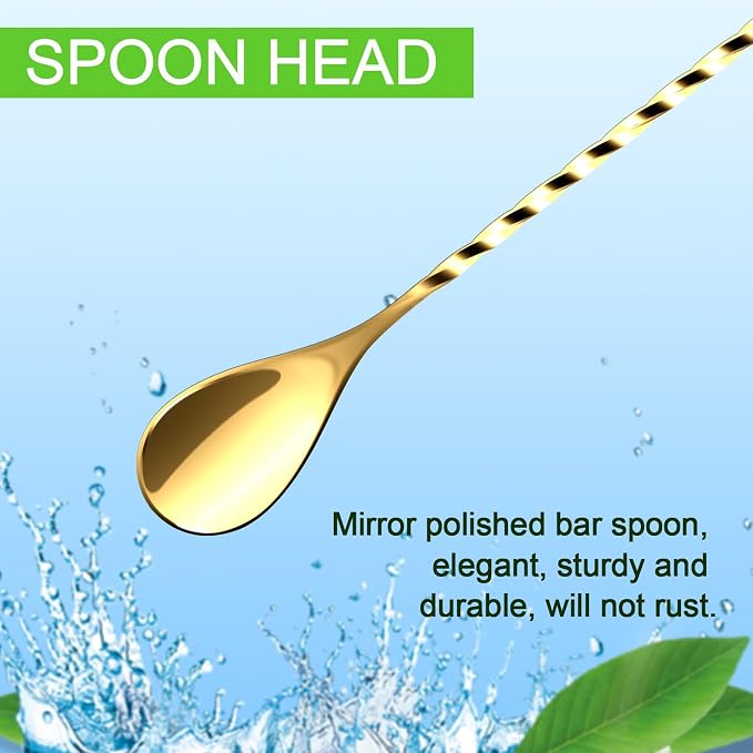 Bar Spoon Cocktail Mixing Stirrers, 2Pcs,12” with Trident Fork, Gold | 18/8 Stainless Steel, Double Ended Design, Long Drink Spoons, Trident Fork, for Stirring Coffee & Cocktails