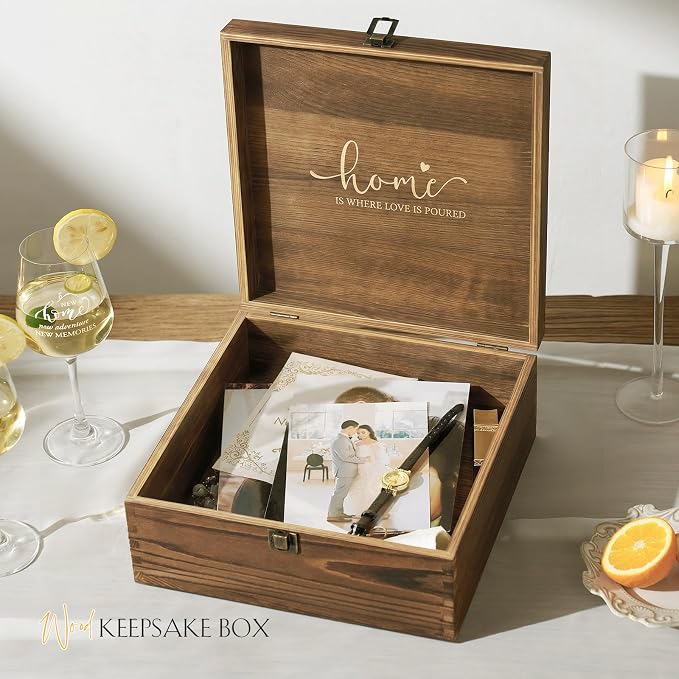 AW BRIDAL House Warming Gifts New Home Wine Glasses with Wood Keepsake Box | 2026 Closing Gift for Home Buyers and Homeowner, New Apartment Gift Basket for Couple, First House Present for Newlyweds