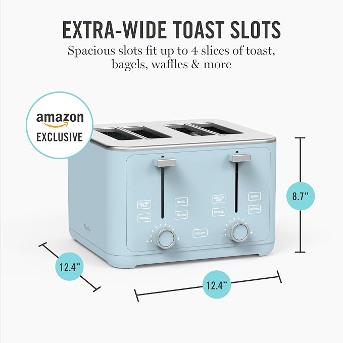 Martha Stewart 4-Slice Toaster, 3 Presets & 10 Shade Settings, Sky Blue | Gluten-Free, Bagels, Extra-Wide Self Centering Slots, Waffles & Artisan Bread, Shade Memory, Cord Wrap & Removable Crumb Tray