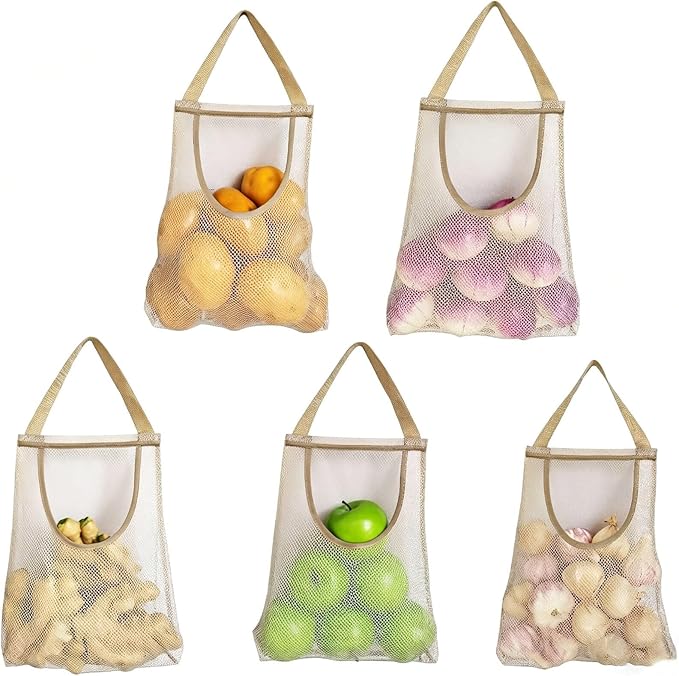 Ahyuan 5 Pack Hanging Mesh Storage Bags For Potatoes,Onions,Garlics,Vegetables Long and Large Reusable Net Storage Tote Bags for Fruit Veggies Green Pepper or Garbage Bag (Beige)