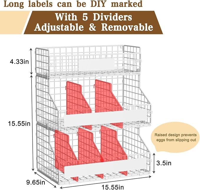 keomaisyto Egg Holder Countertop with 5 Dividers & DIY Nameplate | 3 Tier Stackable Wire Storage Baskets for Gathering Fresh Eggs, Wall-Mounted XXL Egg Rack, White (Patent Pending)