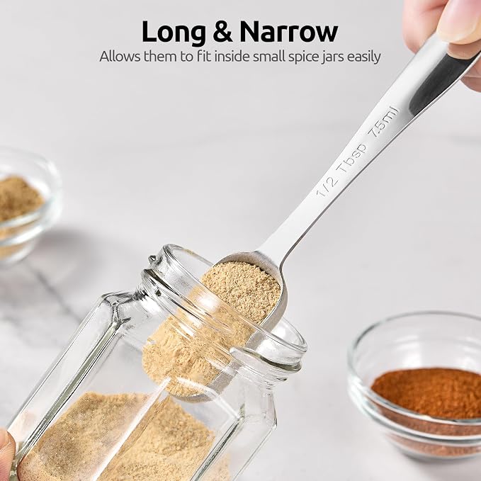 U-Taste Narrow Square Measuring Spoons, Metal Measure Set of 8 with Leveler | Long Handle Rectangular Teaspoon Tablespoon, 18/8 Stainless Steel Polygons Measure Spoon Set, Narrow Scoop for Spice Jars