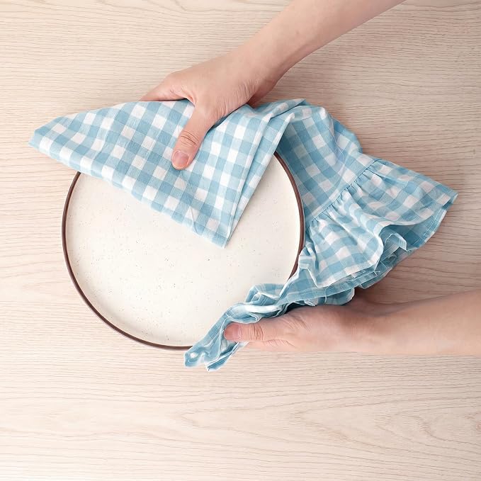 HunnmingRe 2 Pcs Light Blue Gingham Kitchen Towels Cotton Ruffled | Checked Dish Towels 18"x28" Tea Cloths Plaid Cottage Core Kitchen Decor for Farmhouse Charm Drying Dishes Entertaining Guests