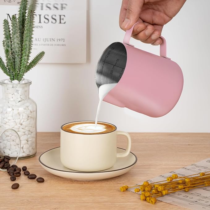 Amrules Milk Frothing Pitcher 12oz Frother Cup Barista Tools, Pink | 18/8 Stainless Steel, 12oz Capacity with Clear Scale, with Decorating Pen, Ergonomic Handle, for Cappuccino, Latte & Espresso