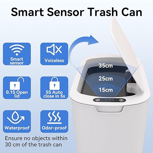 FRESHLIX Automatic Motion Sensor Bathroom Trash Can with Lid, 5 Gallon Touchless Trash Bin,Smart Electric Narrow Waterproof Garbage Bin for Toilet, Office, Bedroom, Living Room, Dorm (White