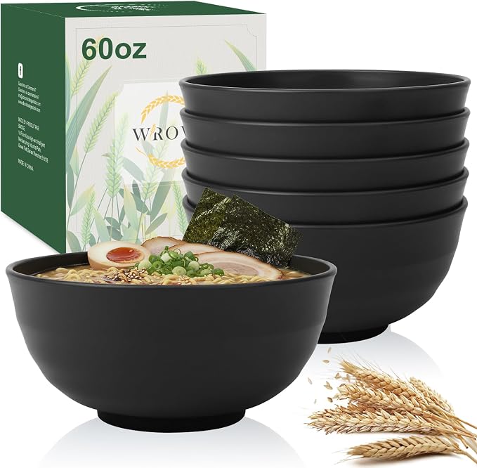 Wheat Straw Bowls 60oz, Large Salad Bowl Unbreakable Ramen Bowls Set of 6, Microwave & Dishwasher Safe Big Popcorn Bowl Alternative Plastic Bowls Reusable, Kitchen Bowls for Cereal,Noodle- Black