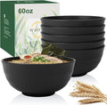 Wheat Straw Bowls 60oz, Large Salad Bowl Unbreakable Ramen Bowls Set of 6, Microwave & Dishwasher Safe Big Popcorn Bowl Alternative Plastic Bowls Reusable, Kitchen Bowls for Cereal,Noodle- Black