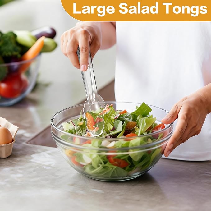 Mwellewm 24 Pc Plastic Tongs for Serving 9 Inch Bulk Reusable or Disposable Tongs Heavy Duty Hard Serving Utensils Set Large Salad Tong for Kitchen Party Food Buffet Appetizer BBQ Event Catering Clear