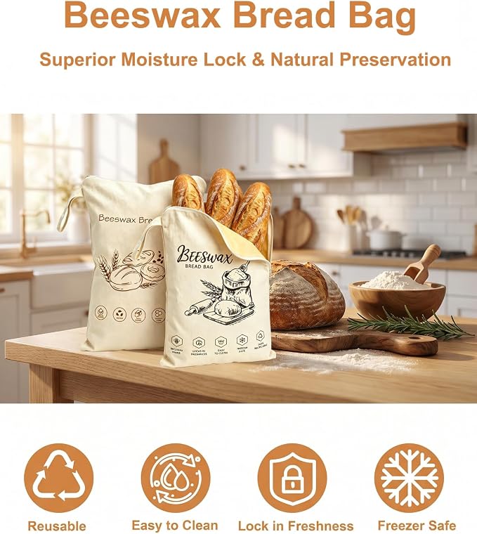 Reusable Beeswax Bread Bags for Homemade&Sourdough, 17"x13", 2 Pack | Organic Linen Beeswax Bag with Wide Zipper,Freezer-Friendly Storage for Bread,Washable Bread Bag,Keeps Loaves Fresh Longer
