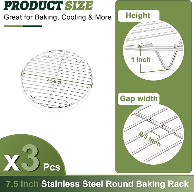 P&P CHEF Round Cooking Rack, Cooling Rack for Steamer, 7.5”, Silver | 3 Pack Stainless Steel Baking Rack for Grilling Roasting, Fits Air Fryer, Canning Pot, Oven & Dishwasher Safe, Non-toxic