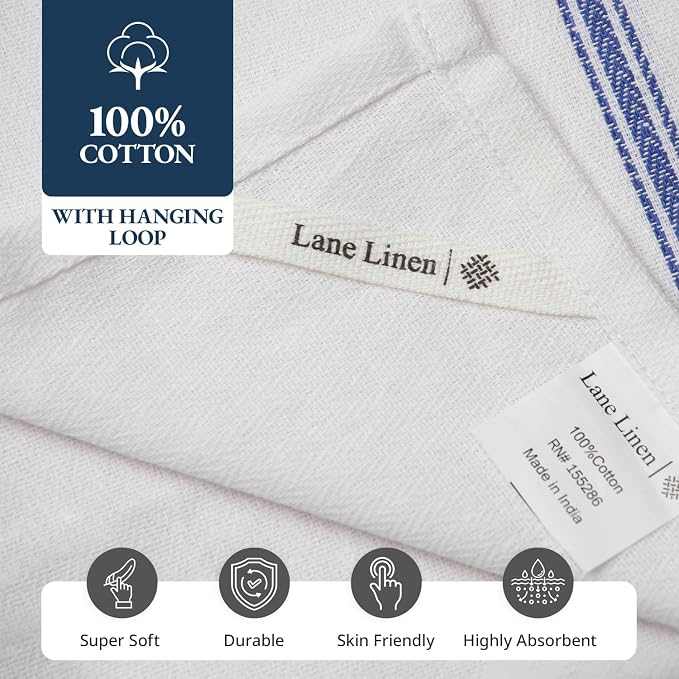 LANE LINEN Kitchen Towel Set- 12 Pack 14"x25" Dishtowels for Kitchen, Absorbent 100% Cotton Dish Drying Towels, Cleaning Cloth for Countertops, Soft & Durable, Machine Washable - Blue Stripe