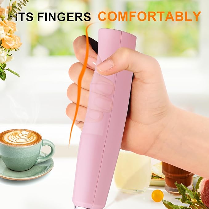 YUSWKO Handheld Milk Frother Wand for Coffee, Rechargeable Electric Whisk with 3 Heads 3 Speeds Drink Mixer Coffee Frother For Latte, Cappuccino, Hot Chocolate, Egg, Pink with Holder