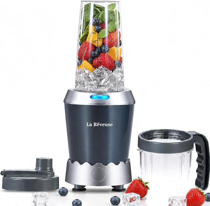 La Reveuse Personal Blender 1000Watts, (1) 24oz To-Go Cup, Gray, LARB2305 | Push to Blend for Frozen Shakes, Smoothies &Food Prep, 6-Leaf Blade, BPA-free Bottle with Portable Spout Lid, Dishwasher Safe