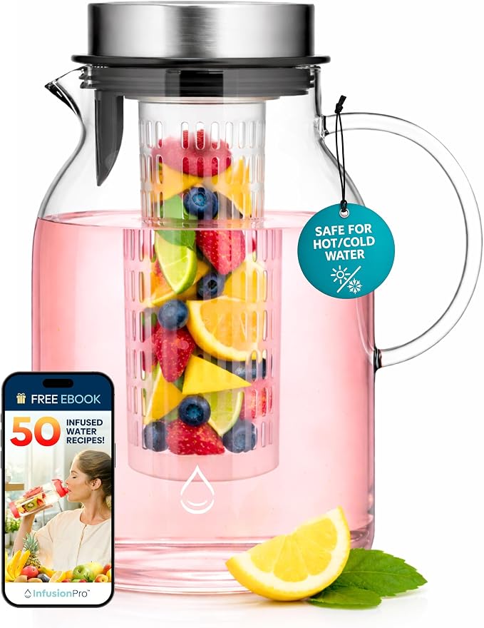 Glass Fruit Infuser Water Pitcher, Heat Resistant for Hot/Cold Use, Great Iced Tea Pitcher | Tranquil Collection, 2 Qt
