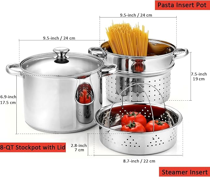 Cook N Home 8 Quart Stainless Steel Pasta Pot with Strainer Lid 3-in-1 Pots | Steamer Basket, Pasta Strainer, Stock Pot with Lid - Pasta Cooker Induction Compatible, Dishwasher & Oven Safe