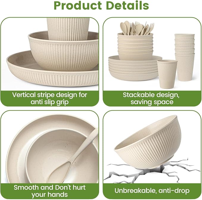 36-Piece Reusable Wheat Straw Dinnerware Sets for 6, Farielyn-X Unbreakable Reusable Set Kitchen Cups, Plates, Bowls Sets & Cultery Dishwasher Microwave Safe - Patio, Outdoors, RV, Camping Dishes