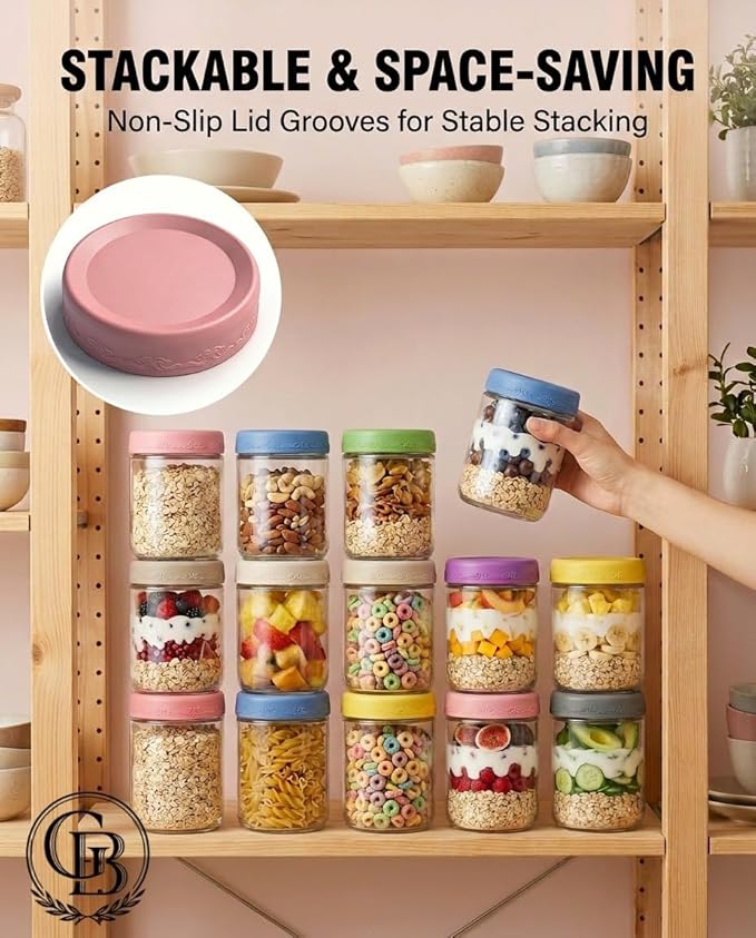 16 OZ Overnight Oats Jars with Lids 8 Pack, Glass Meal Prep Containers, Reusable Food Storage Jars, Airtight Mason Jars for Breakfast, Yogurt Parfait, Salad, Smoothies(8 Pack)