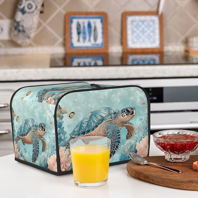 4 Slice Toaster Cover Turtle Sea Coral Ocean Dust Proof Washable Kitchen Appliance Cover with Pocket, Oxford Fabric Countertop Toaster Protector for Standard Toasters Small Appliances