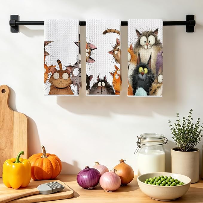 3 Pcs Cute Cat Kitchen Towels, Funny Cats Gifts Absorbent Hand Towels-02 | Cat Dish Cloths for Drying Dishes, Cats Waffle Dish Towels for Kitchen Home Bathroom Decor, Cat Lover Gifts for Women Mom