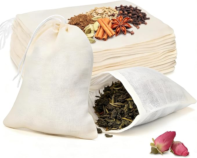 20 Pack Reusable Tea Bags, Natural Unbleached Muslin Bags with Drawstring, Spice Bags for Cooking, Loose Leaf Tea, Herbs & Coffee, Fine Mesh Filter Bags (3 x 4 in)