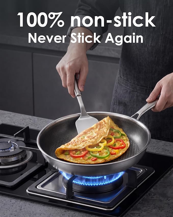 12" Titanium Pans for Cooking,non-stick,Dishwasher safe | PFAS/PFOA/PTFE-Free,easy cleanup,Induction compatible for all stovetops,Includes Lid