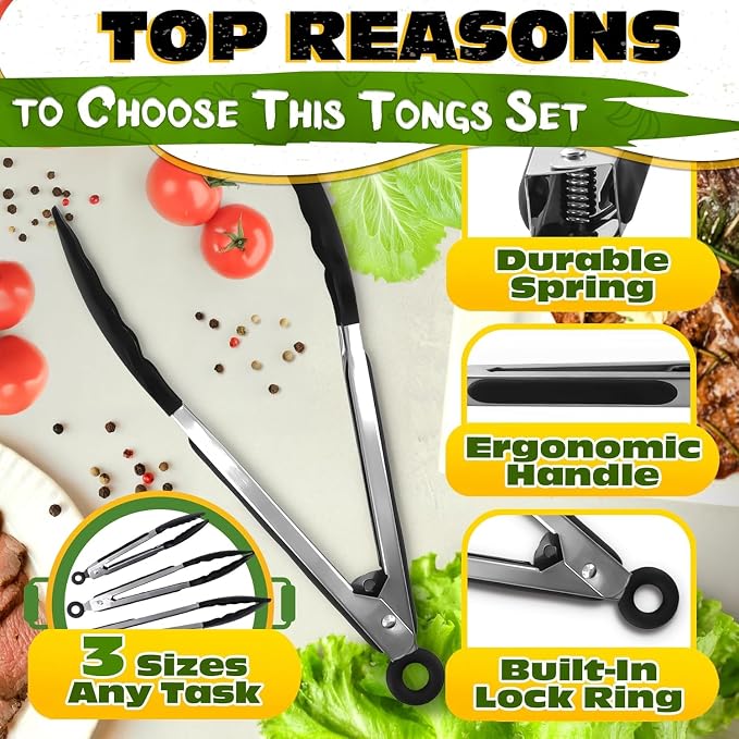 Kitchen Tongs Set of 3, 7/9/12 in, Stainless Steel (Black) | Cooking Tongs with Silicone Tips, Easy-Lock, Heat Resistant, Won't Scratch Pans, Dishwasher Safe, for Grilling, Salad & Pasta