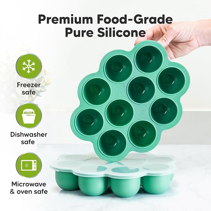 KeaBabies Silicone Food Freezer Trays with Lid, 2oz x 10 Pods(Alpine Green) | Baby Food Storage Containers, Easy Puree Meal Prep, Breast Milk Silicone Freezer Molds, Dishwasher, Microwave Safe, BPA-Free
