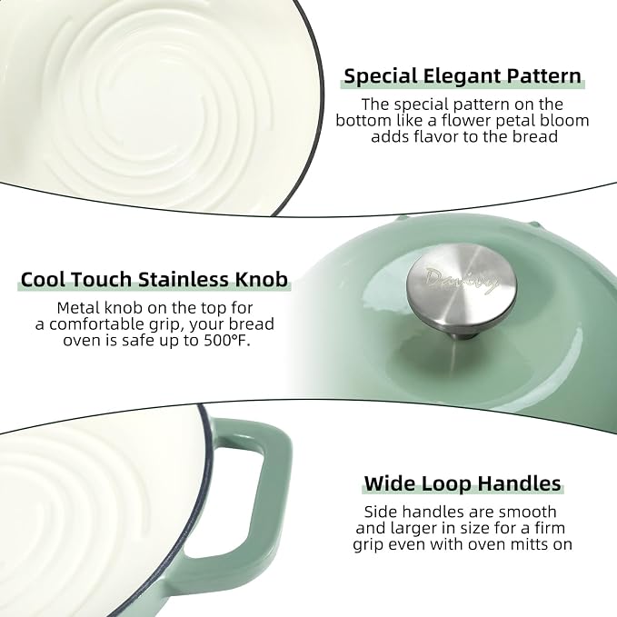 Davivy 5QT Enameled Cast Iron Dutch Oven Pot, Round Sourdough Dutch Oven, Bread Cloche for Sourdough Bread Pan with Domed Lid - Light Green
