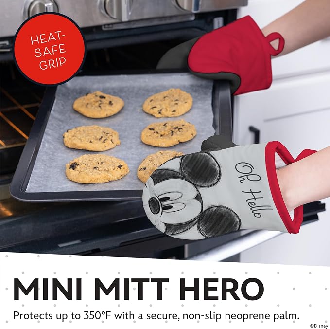 Disney Mickey Cotton Kitchen Towels & Mini Oven Mitts, 4-Piece Set | Absorbent, dries dishes fast, machine washable, mitt grip resists heat to 350F and is hand wash only, great for gifting