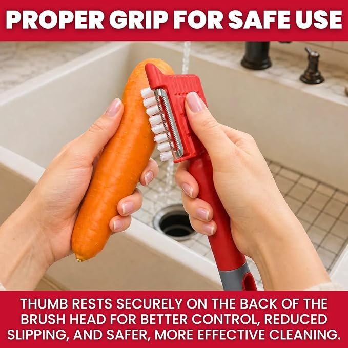 2 Pack Vegetable Brush & Potato Scrubber with Built-in Peeler | Scrub, Peel & Remove Potato Eyes with One Tool, Dual Bristles, Comfortable Grip, 2-Pack Value