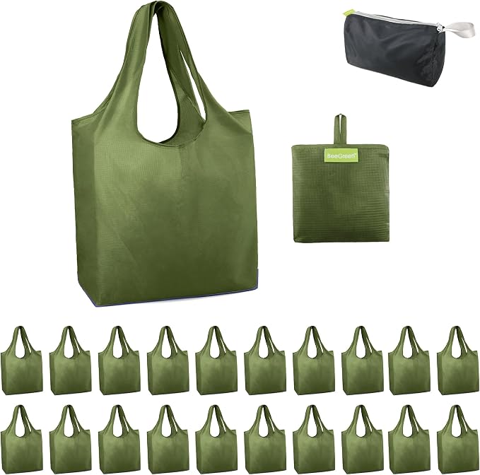 BeeGreen Green Reusable Grocery Bags Wholesale Green Reusable Kitchen Bags Bulk Foldable-Machine Washable with Zipper Storage Pouch 20 Packs
