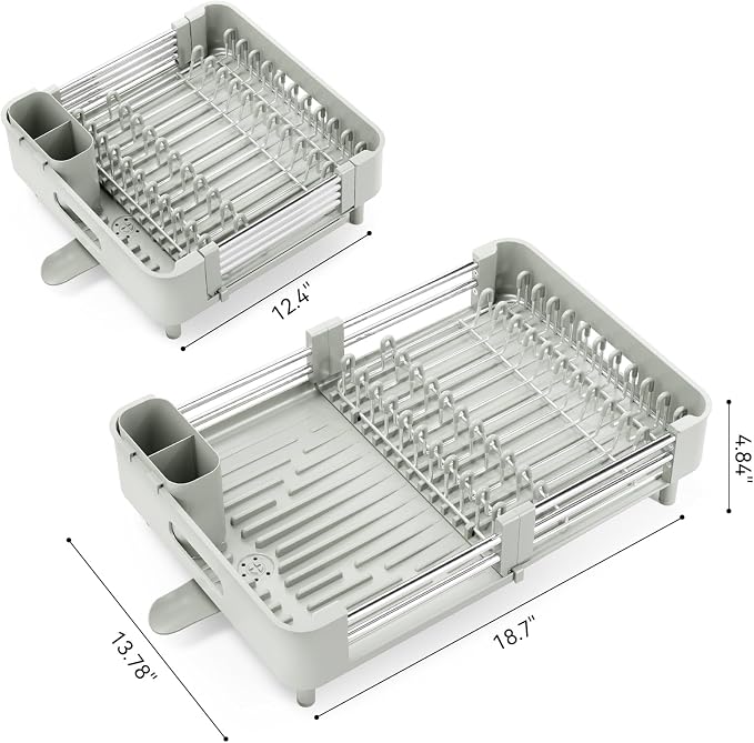 Urackify Extendable Stainless Dish Drying Rack for Kitchen Counter | 13.78"W x 18.7"L, Foldable Drainboard for Space Saving, Knife and Utensil Holder, Fast-draining Spout, Soft Celery Green