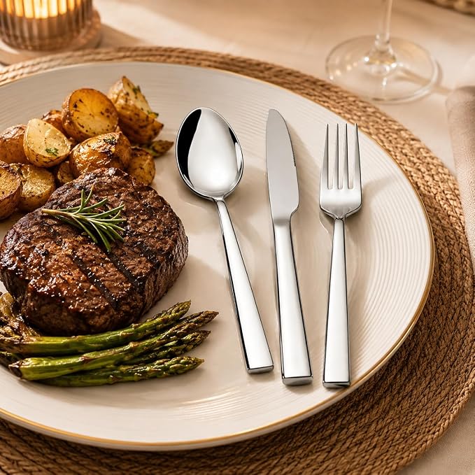 12-Piece Stainless Steel Silverware Set for 4, Mirror Polished Flatware Set Includes 4 Dinner Knives, 4 Dinner Forks & 4 Dinner Spoons, Dishwasher Safe Cutlery Set for Home Kitchen Restaurant