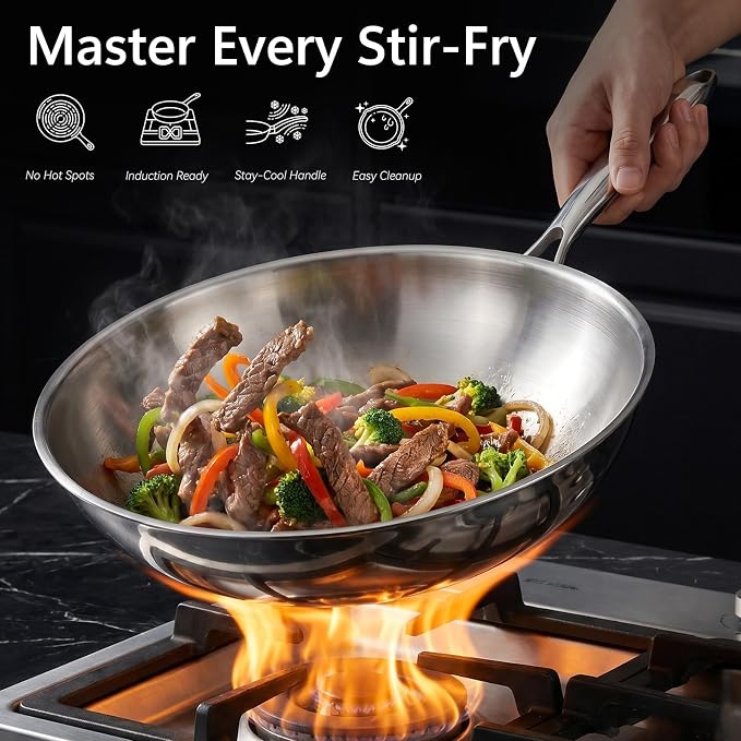 WANGYUANJI 4.2 QT Tri-Ply Stainless Steel Wok Pan with Lid, 12" Flat Bottom Stir Fry Skillet for Asian Cuisine, Premium 18/10 Induction Cookware for 3-4 Servings, Oven Safe