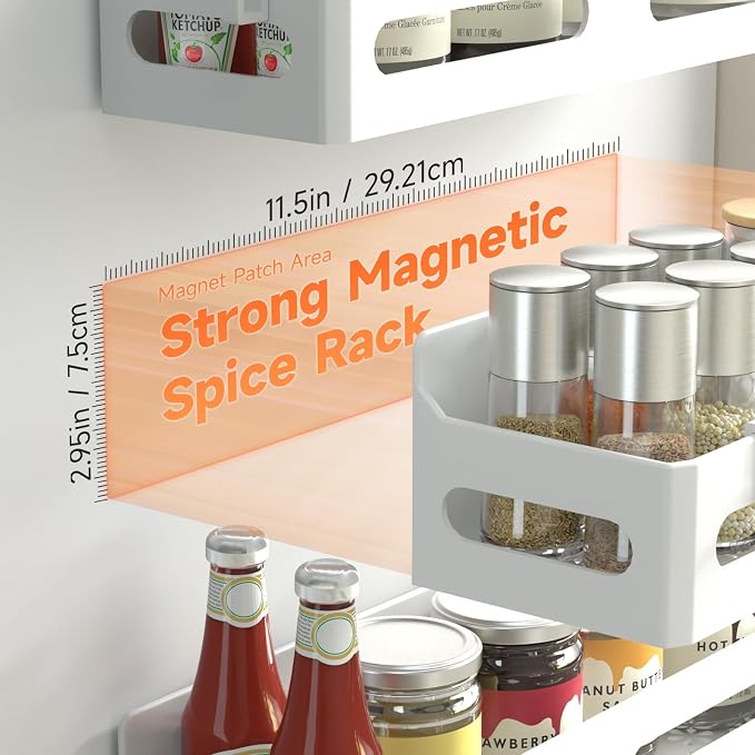 2-Pack Magnetic Spice Rack for Refrigerator with Hooks, White | Strong multipurpose magnetic shelf for kitchen & bathroom organization. Includes 4 removable hooks for hanging items.