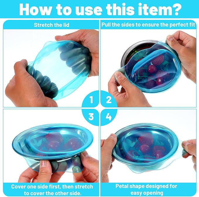 3PCS Silicone Stretch Lids for Food Storage, Reusable Elastic Silicone Lids for Bowls, Cups, Jars Cover, Microwave & Freezer Safe