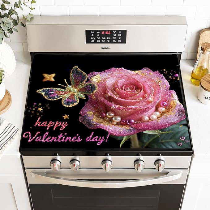Valentine Rose Stove Top Cover 28.35x20.47 in Non Slip Mat | Heat Resistant Cooktop Protector Mat with Non-Slip Backing, Scratch Protection and Countertop Drying Mat.