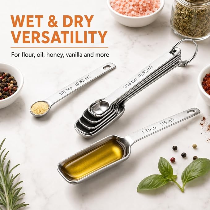 Stainless Steel Measuring Spoons Set of 13, Includes 7 Rectangular Measuring Spoons, 1 Leveler & 5 Tiny Spoons, Compact Spoons Design for Spice Jars, Ideal for Dry and Liquid Ingredients