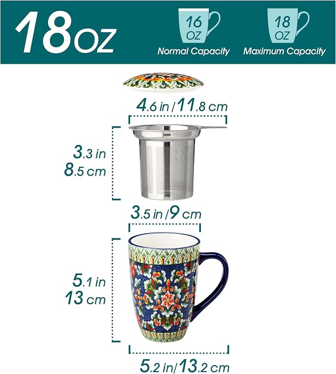 vancasso Ceramic Tea Mug with Infuser and Lid, 18 Ounce Bohemian Loose Leaf Cup, Microwave & Dishwasher Safe, Perfect for Tea, Coffee, Sage-Scarlet Floral