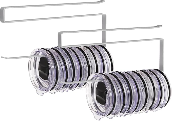2 Pack Tumbler Lid Organizer, Versatile Tumbler Storage Holds 20 Lids Grey | Space Saving Cup Lid Organizers Inside Cabinet Tumbler Lid Hook for Kitchen Organizer and Storage, Paper Towel Rack Hanger