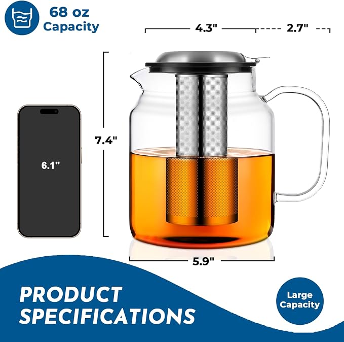 Aquach 68oz Glass Teapot with Infuser, Stovetop Safe Borosilicate Tea Pot | Dishwasher Safe, Plastic-free, Serves 3-5 People, Precise Loose Leaf Filter, Easy-clean
