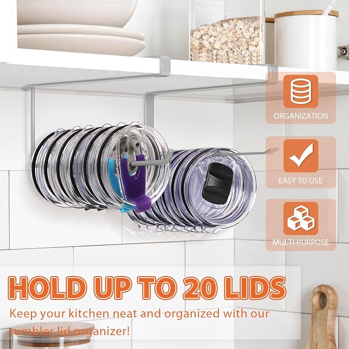 2 Pack Tumbler Lid Organizer, Versatile Storage Holds 20 Lids, Round&Flat | Space Saving Cup Lid Organizers Inside Cabinet Tumbler Lid Hook for Pantry Kitchen Organizer, Paper Towel Rack Hanger, Grey