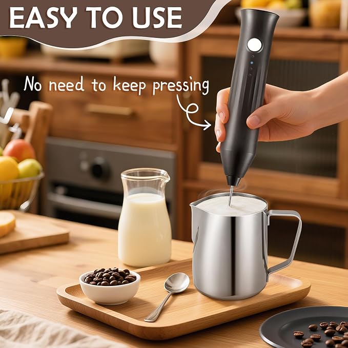 Powerful Milk Frother - Electric Handheld Milk Foam Maker with Stand, Milk Jug and 2 Stainless Steel Whisks, Rechargeable 3 Speeds for Coffee Lattes Cappuccino Matcha